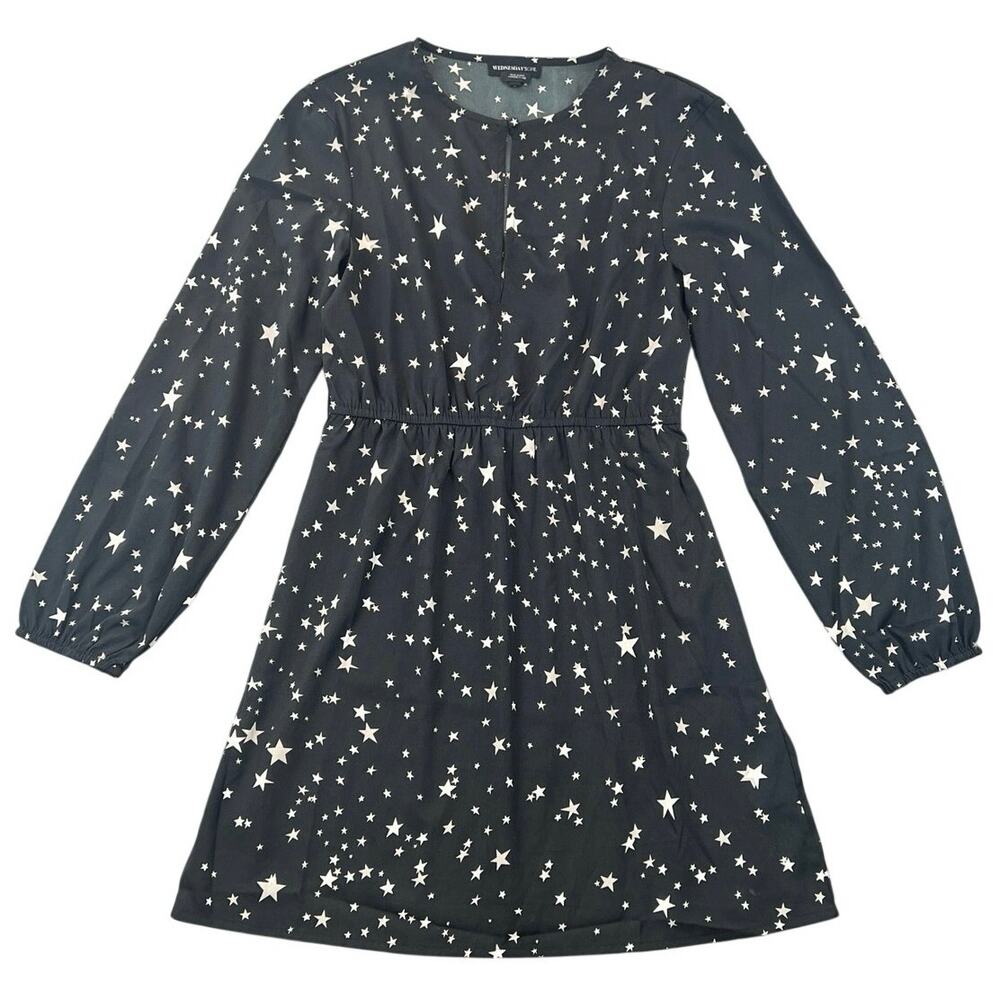 Wednesday’s Girl Black Star Print Long Sleeve Mini Dress Coquette Goth - S
